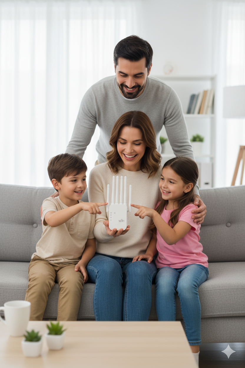 Família utilizando entretenimento conectado